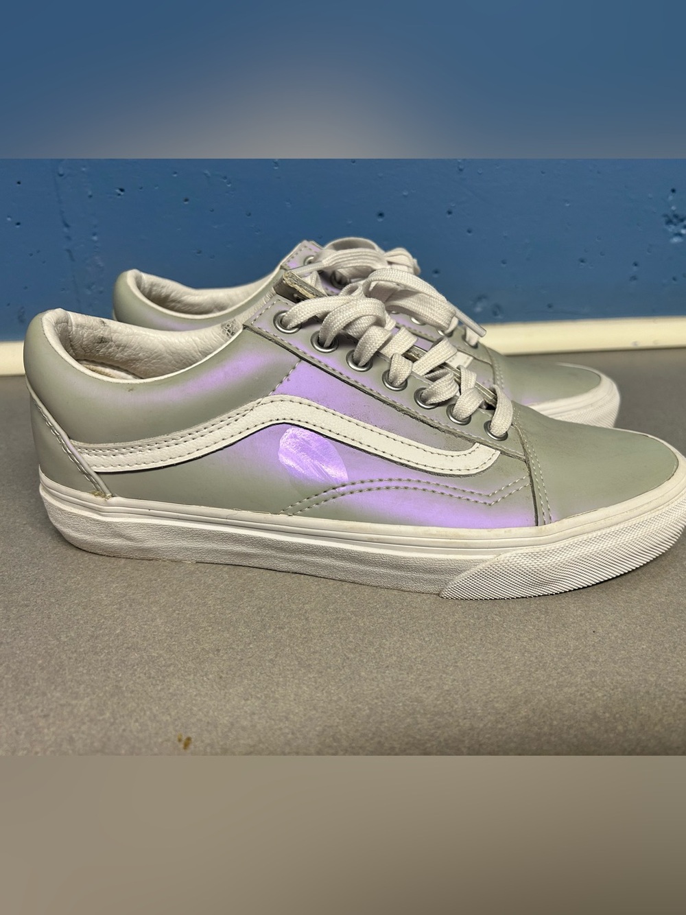 Vans Low-Top Iridescent Silver and White Skate Sneakers